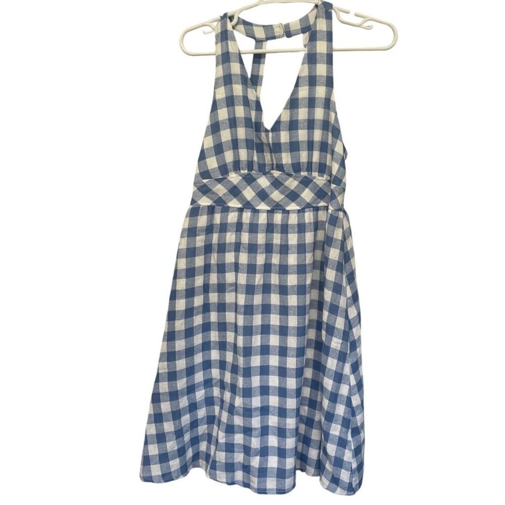 Flying Tomato‎ Blue White Gingham Sleeveless Halter Dress Smocked Back Medium